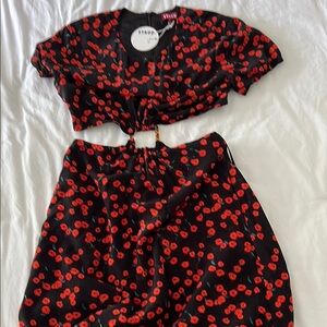 STAUD Black and Red Floral Crop Top and Skirt